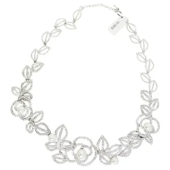 Elegant Rhinestone & Acrylic Pearl Silver Floral Necklace - Picture 2 of 6